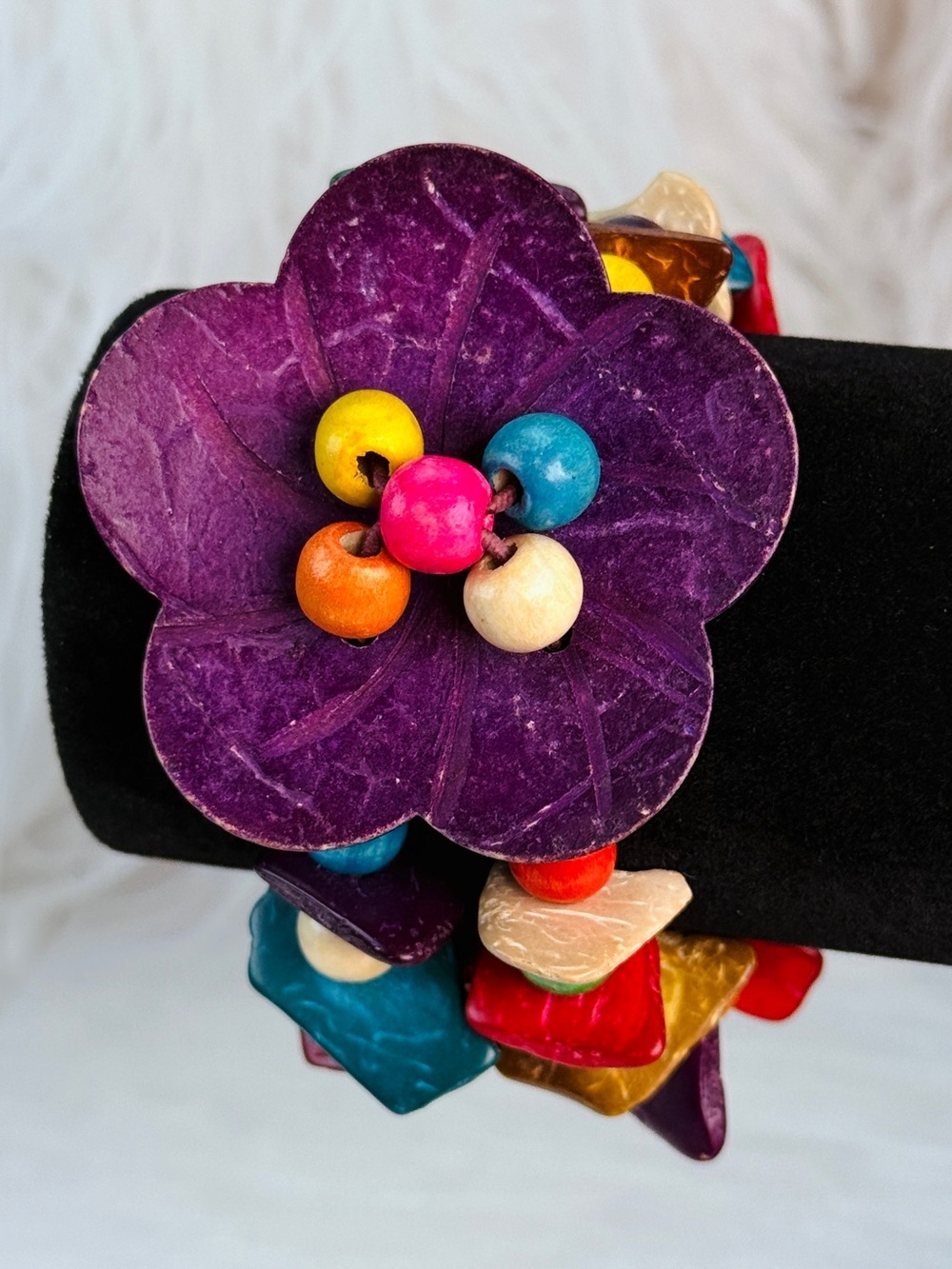 Colorful Boho Chic Chunky Wood Flower Beaded Stretch Bracelet